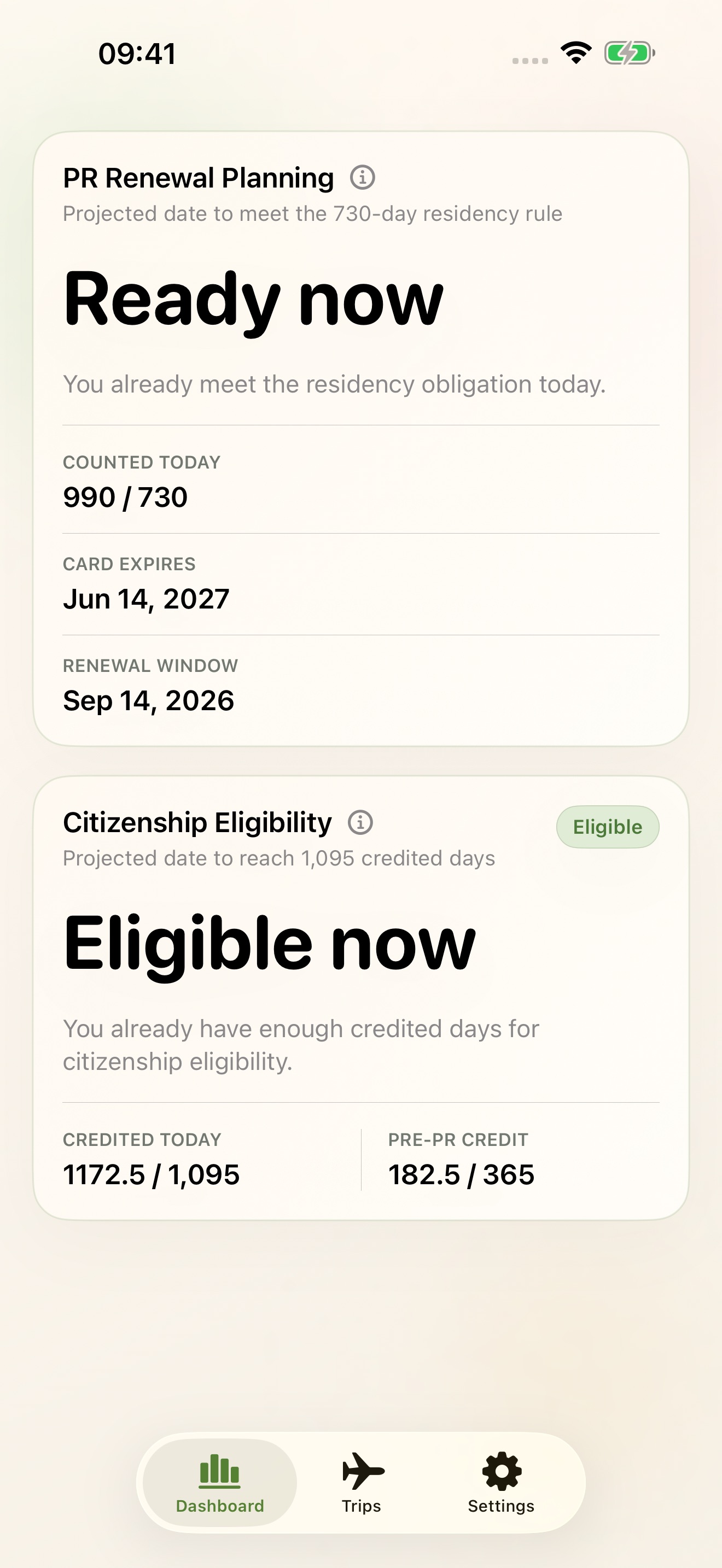 MapleDays dashboard showing days in Canada, PR renewal planning, and citizenship timing