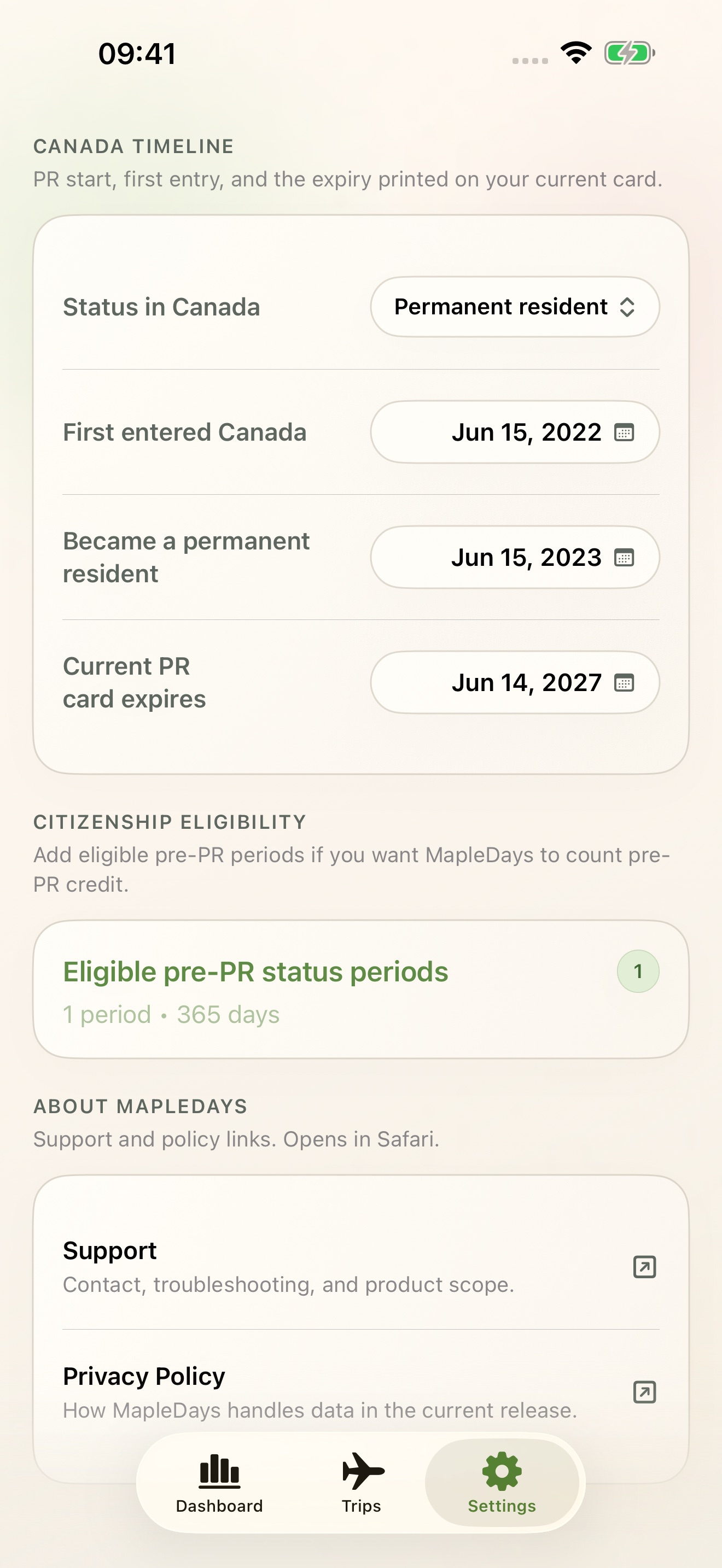 MapleDays settings for Canada dates, PR card expiry, profiles, and planning inputs